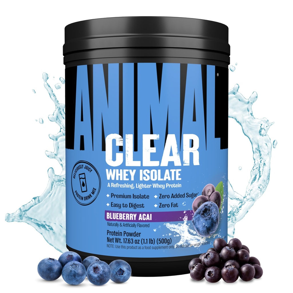 Clear Whey Isolate蛋白粉 - 易于文摘和混合,5g BCAA,美味的汁液,随时刷新男女饮料,蓝莓Acai 500g(20种服务)