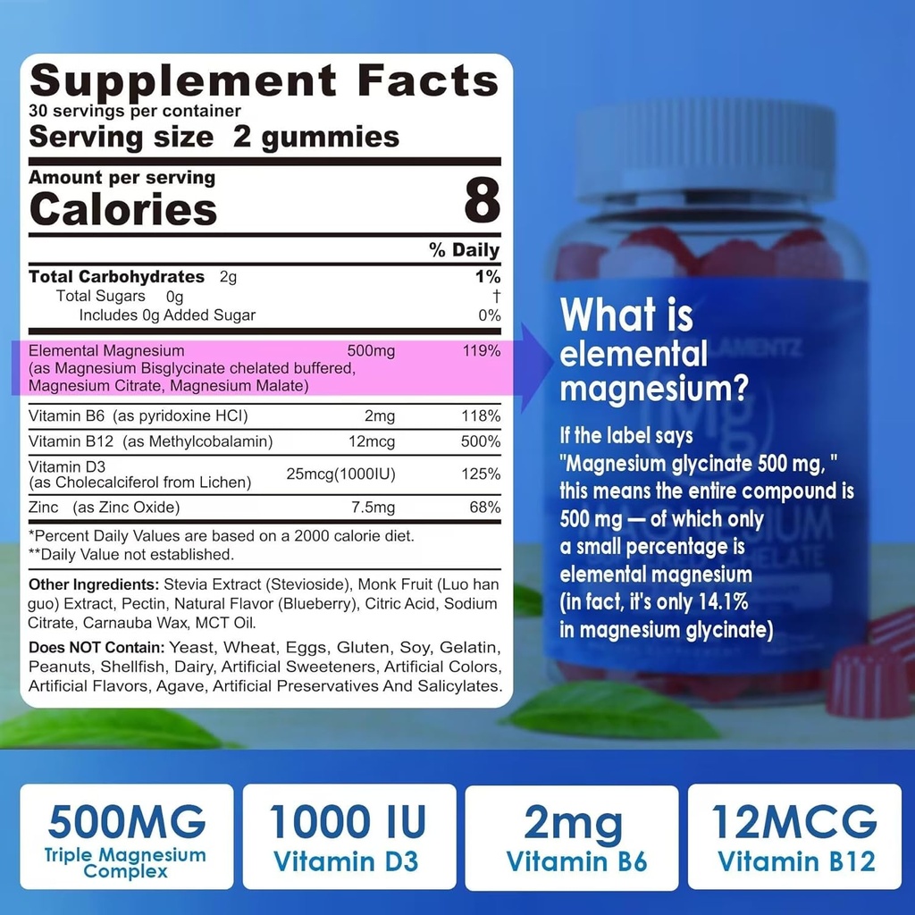镁补充500mg, 镁复合胶体 w/ 镁甘油酸盐, Malate, Citrate, D3, B6, B12 睡眠, Migraine Relief, Muscle & Bone, Ultimate 吸收镁补充剂, 2 Pack