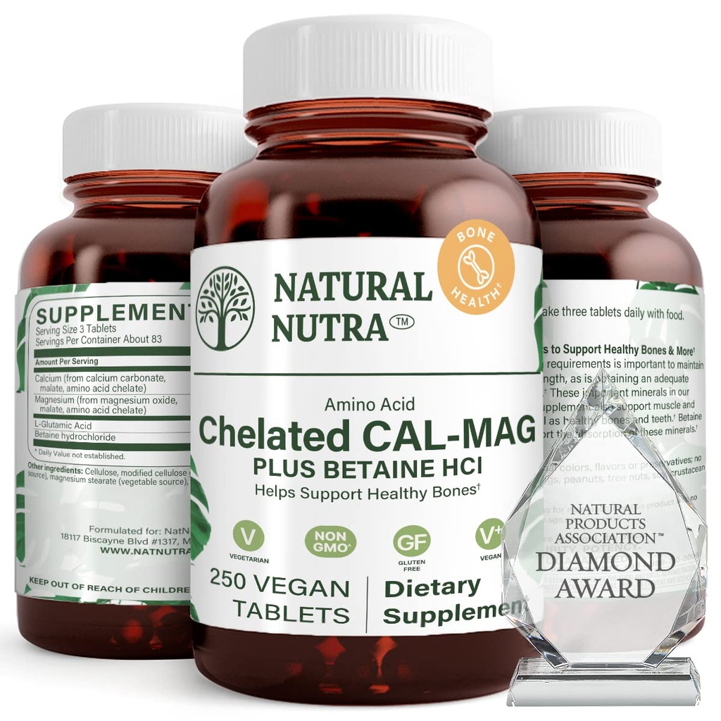 天然核Chelated Calcium Magnesium 1000/500 mg 补充剂 Plus Betaine HCL - Chelated Cal Mag 改善骨密度,支持肌肉,牙齿,心血管和神经健康,250 Vegan 片