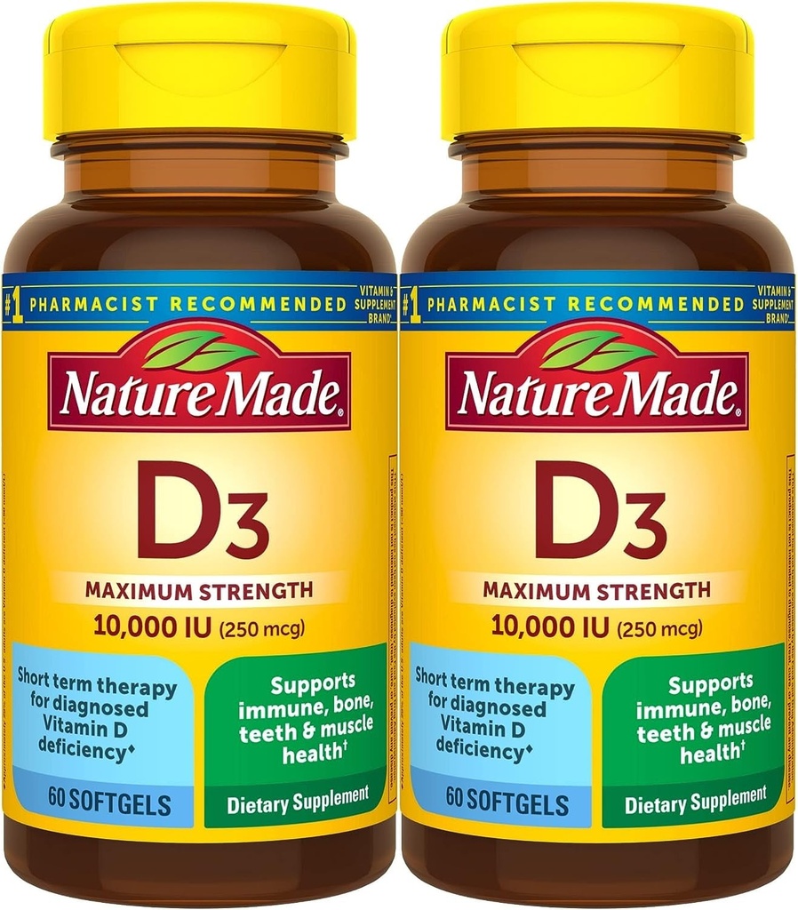 Nature Made 最大威力 维生素 D3 1000 IU(250 mcg),骨、齿、肌肉和免疫健康支助的饮食补充,60 Softgel,60天供应-包2