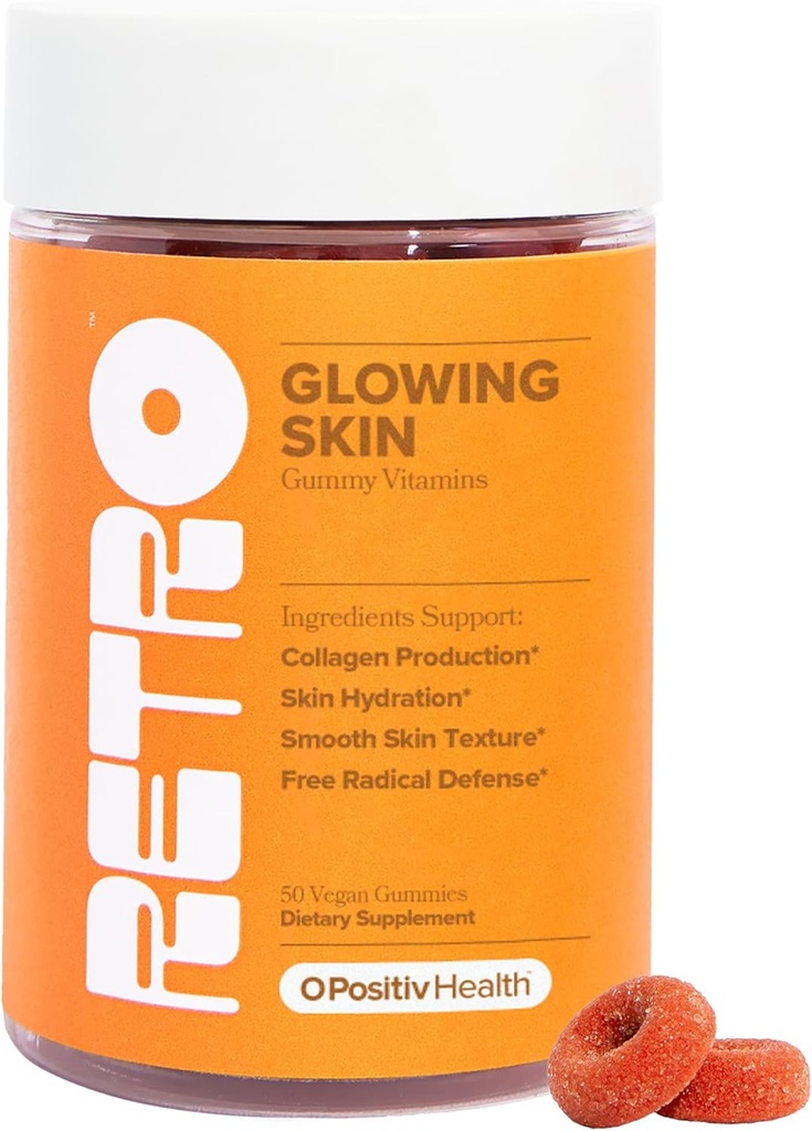 O Positiv RETRO Gumy Glowing 皮肤维生素用于柯拉根生产- Astaxanthin, 维生素E, 竹片提取, Hibiscus & Vitamin C – Vegan Skin Gummys用于平滑皮肤和水分, 50 Counters (Pack of 1)