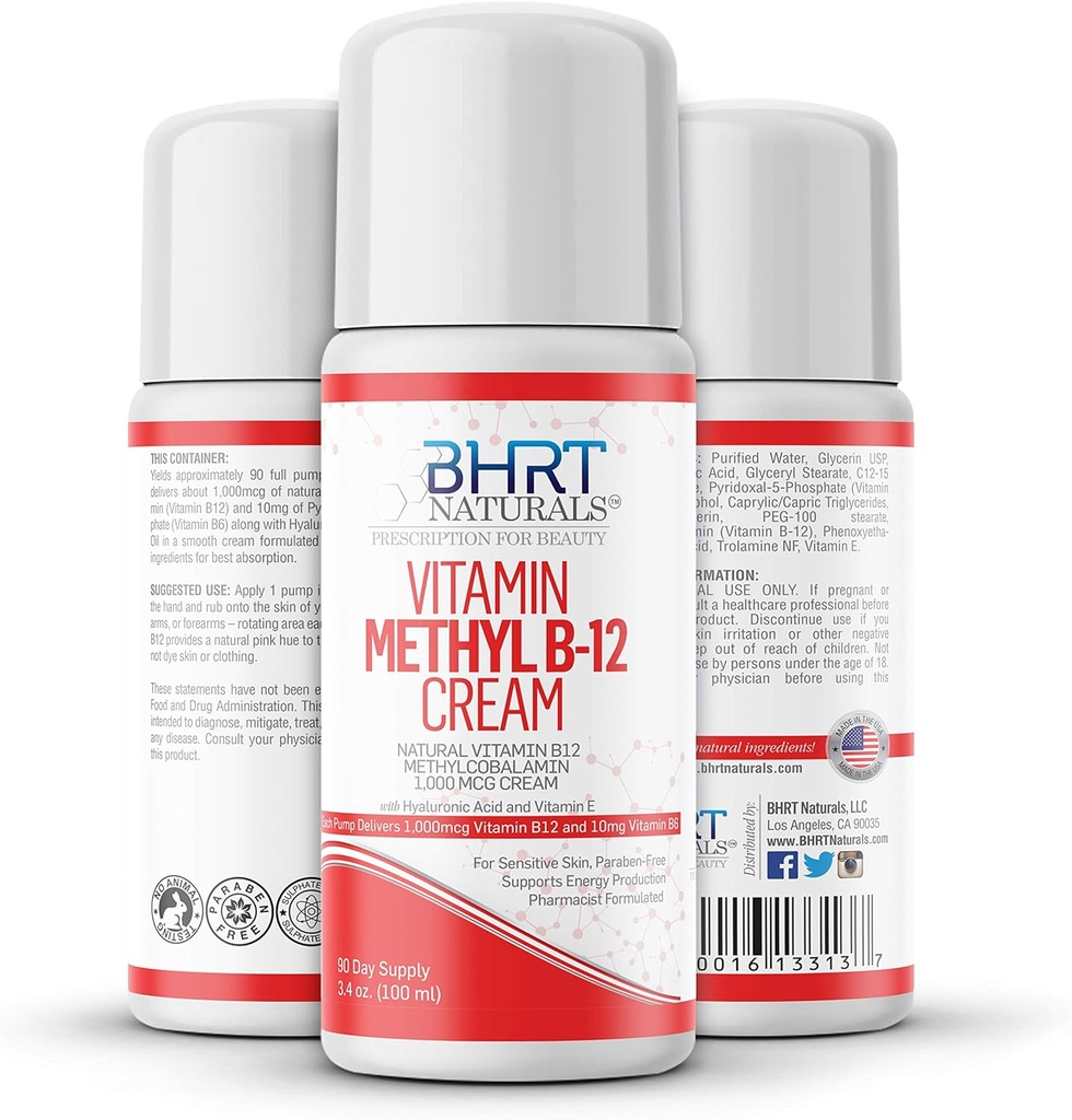 维生素B12 Cream 1000mcg - 药剂师配制的 - 所有天然甲基Cobalamin(Methyl B12)和维生素B6 Cream for Energy, Mood, & Heart Health - 帮助Eczema & Psoriasis - 美国MADE