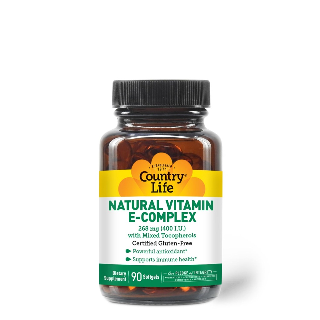 乡村生活 维生素 E-Complex 400 IU – 天然混合 Tocopherols – 抗氧化剂与免疫支持 – 促进皮肤健康与抗氧化应激反应 – 认证无糖胶 – 90软胶