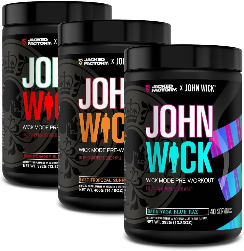 Jacked Factory X John Wick - Wick – Wick Mode Pre Workingout Powder - 敏锐的能量,战斗准备焦点,不可阻挡的承诺,以及Sheer Will - 120 services (3-Pack)