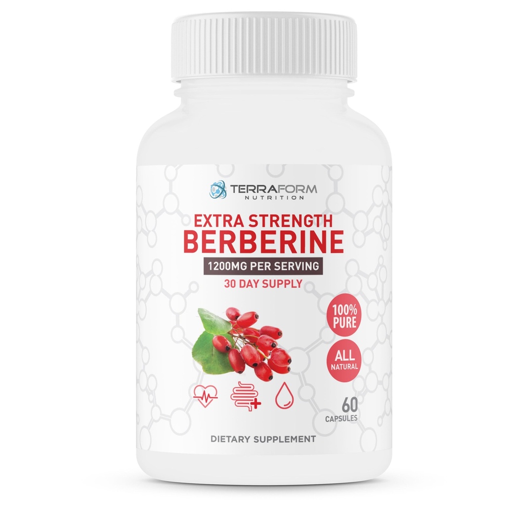 Berberine 补充剂 - 1,200mg 最大强度 Berberine HCl Per service - Pure Berberine - 60 capsules,每枚600mg - 1个月供应 - TerraForm营养