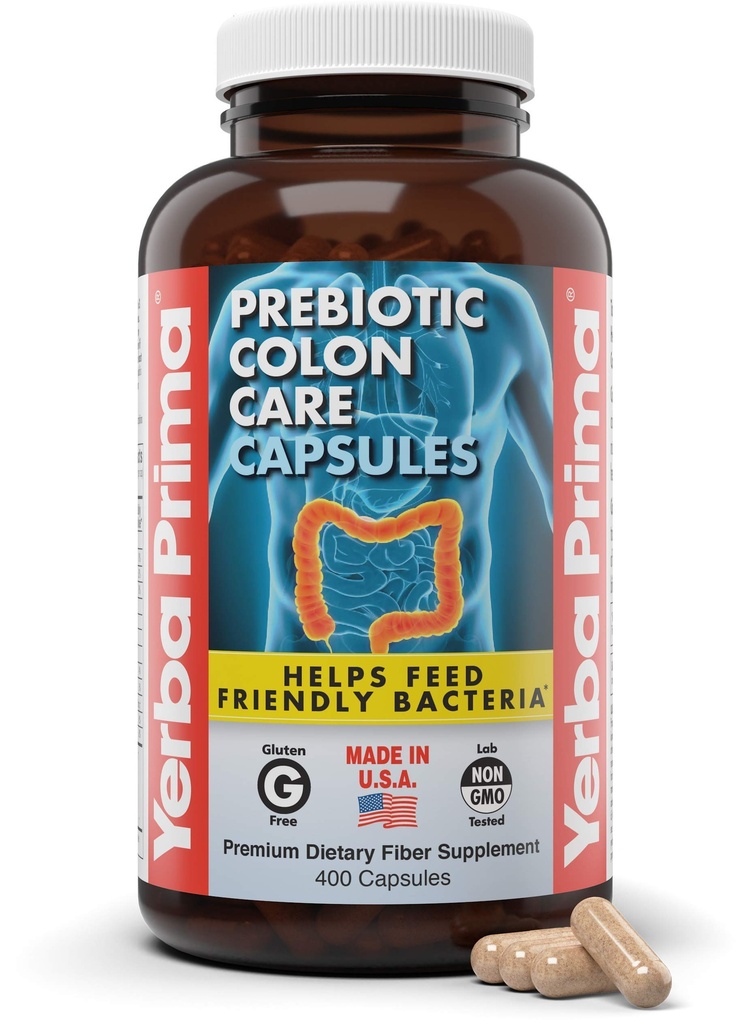 Yerba Prima 预生胶囊护理 Capsules, 400 Caps - 5种Fiber Plus FOS 预生素 - 饮食健康补充剂 - 健康溶解性和不溶性纤维 常规性和消化性支持