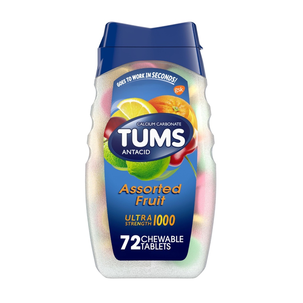 TUMS 超强抗酸药片,用于烹饪心脏烧伤和酸性消化救济,各种水果 - 72个计数