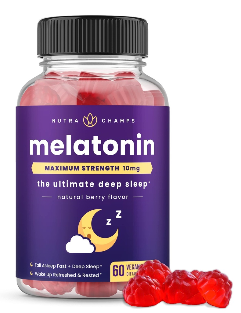 成人的NutraChamps Melatonin Gummys,超强睡眠援助维生素,5mg或10mg Dose,维冈天然草莓香草增味剂促进更好睡眠,健康睡眠循环,60Gummys