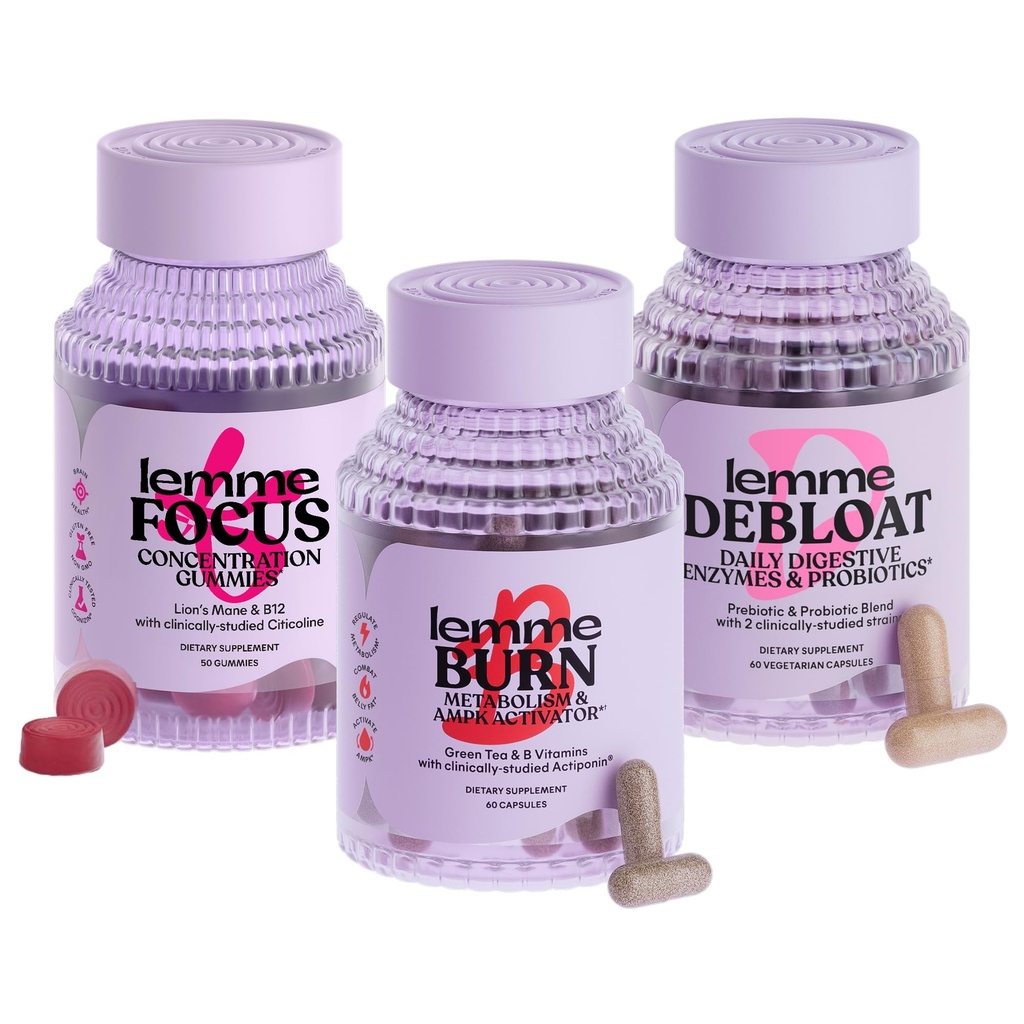 Lemme Burn, Debloat & Focus Bundle + Fat Burning + Bloating & Gas Relief Capsules + Focus & Brain Health Gummys + Gluten - Free, N-GMO → 60 Capsules 和 50 个古米伯爵