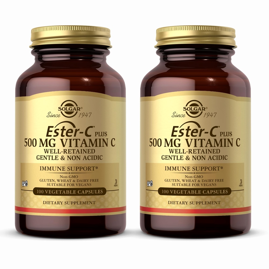 Solgar Ester-C + 500 mg 维生素C (Ascorbate Complex) - 100 蔬菜罐头,包装2 - 抗氧化剂和免疫支持 - 非转基因生物,Vegan,Gluten Free,Kosher - 200 总服务量