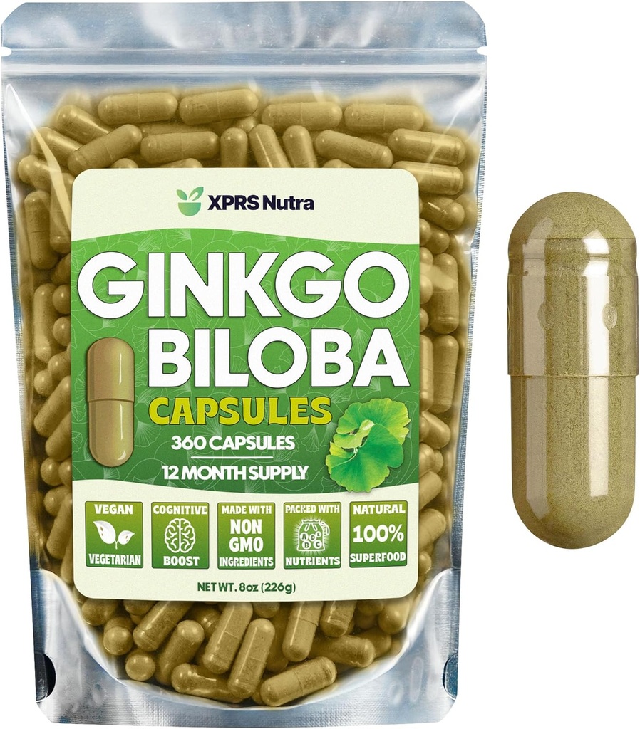 XPRS Nutra Ginkgo Biloba Capsules - Gingko Biloba 封装的认知补充品 - Vegan 友好的 Ginkoba Biloba - 豁免促进 Ginkgo Biloba Capsules - 360 伯爵