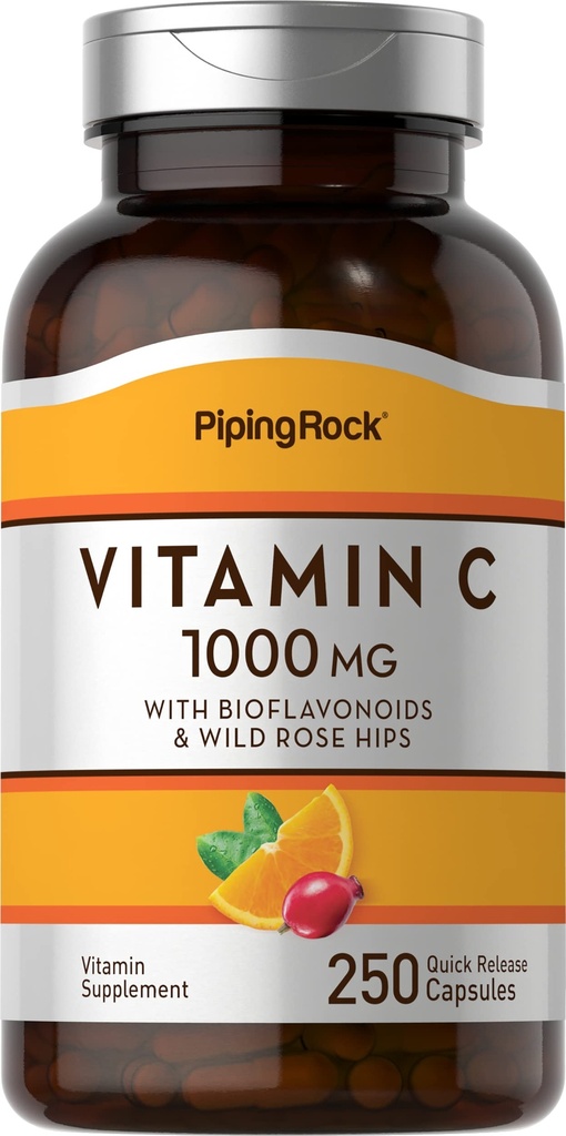 配有Bioflavoids和Rose HIPS的Pipping Rock Vitamin C 1000mg → 250 Capsules → 配有 Bioflavoids 和 Rose HIPS → 配有女性和男性 → 非GMO, Gluten Free