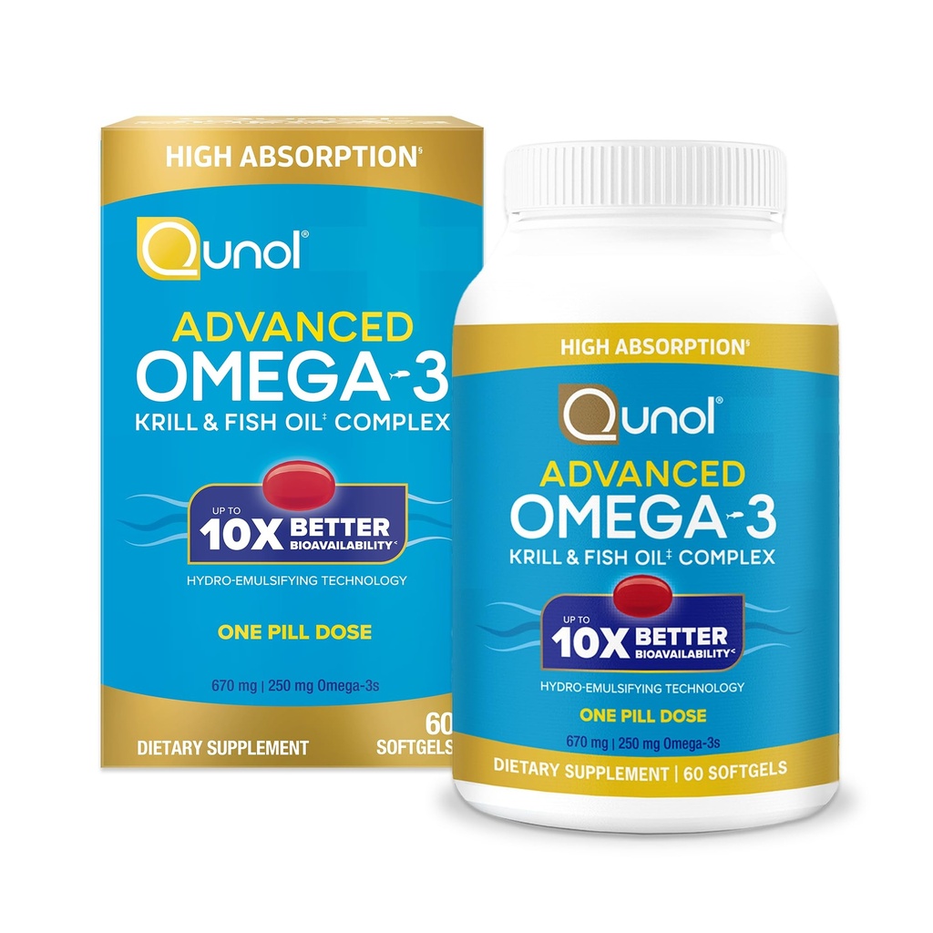 Qunol高级Omega 3 Krill和鱼油综合体,10x更好的生物利用率,1个药丸,250mg EPA & DHA,支持脑,眼,心和联合健康,60 Counter (Pack of 1)