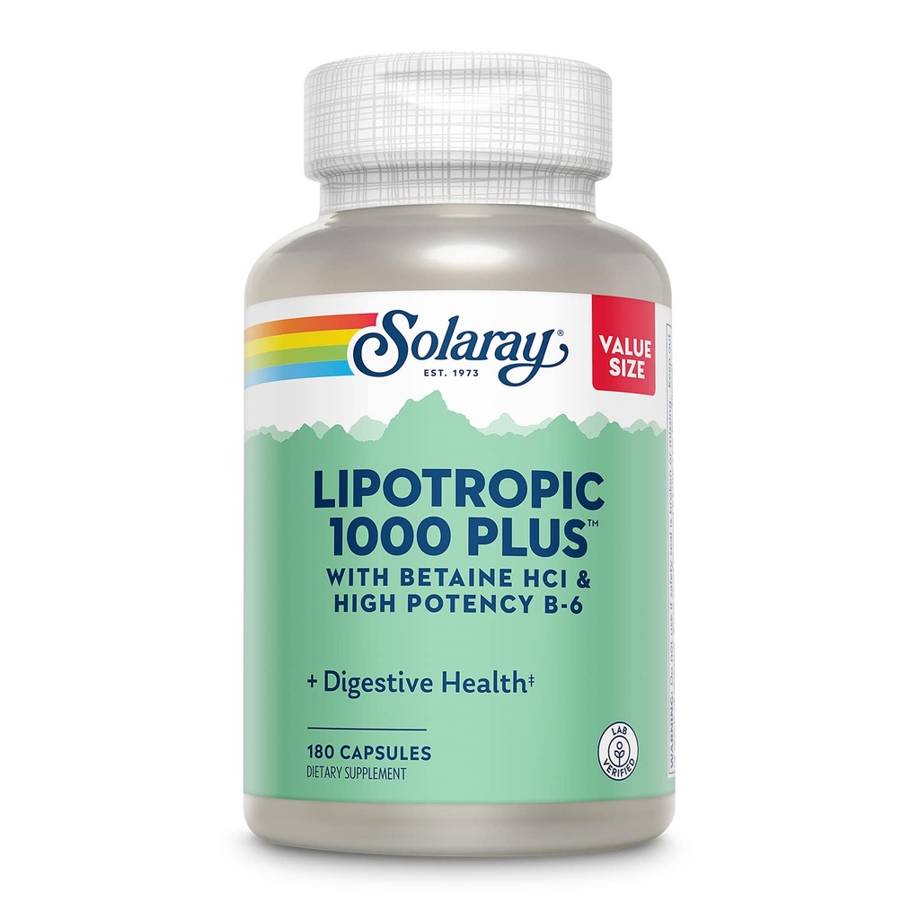 SOLARAY Lipotropic 1000 Plus with Betaine HCl & High Potency B-6,健康消化,能量和脂肪代谢支持, Lipotropic Complex Aloe Vera, 60日保障,30次服务,180次卡普尔