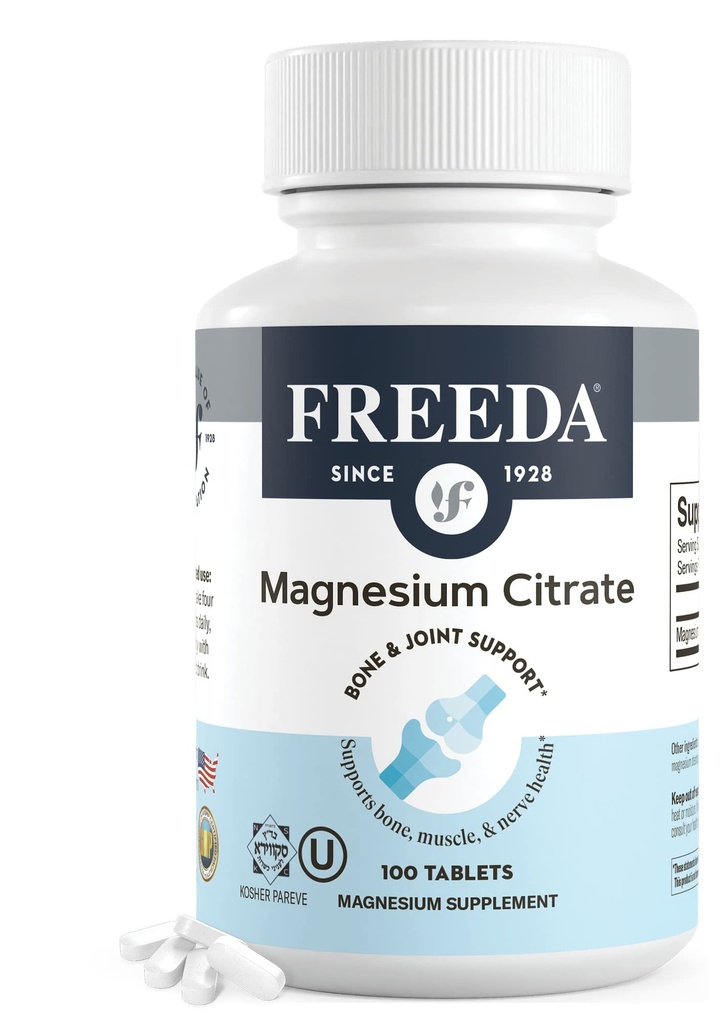 Freeda Magnesium Citrate 400 mg 粘合板 — 肌肉、神经和放松支持的高吸收性补充 — Vegan, Gluten-Free, Kosher — 100 Counter