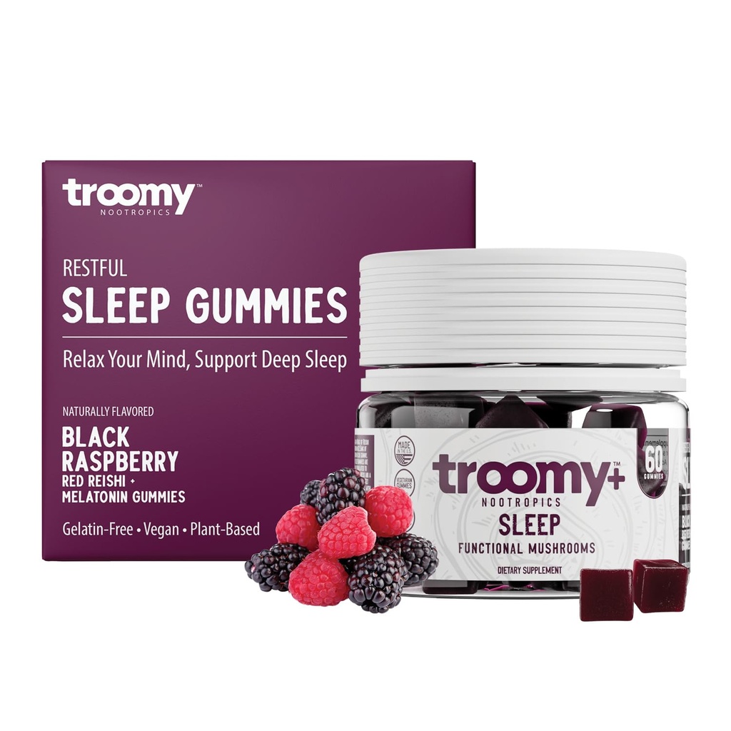 Troomy Sleep Reishi + Melatonin 大口味蘑菇口服 - 支持休息睡眠和减压 - 黑莓 - 60个计数