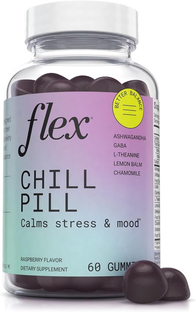 FLEX 冷药 - 压力缓解 - 平衡 - 帮助放松 - Ashwagandha - L-Thenine - GABA - 香美尔 - 柠檬鲍姆 - Berry Flavor - Vegan - Friendly - Gluten - Free - 60 Gummys (Chill Pill) (英语).
