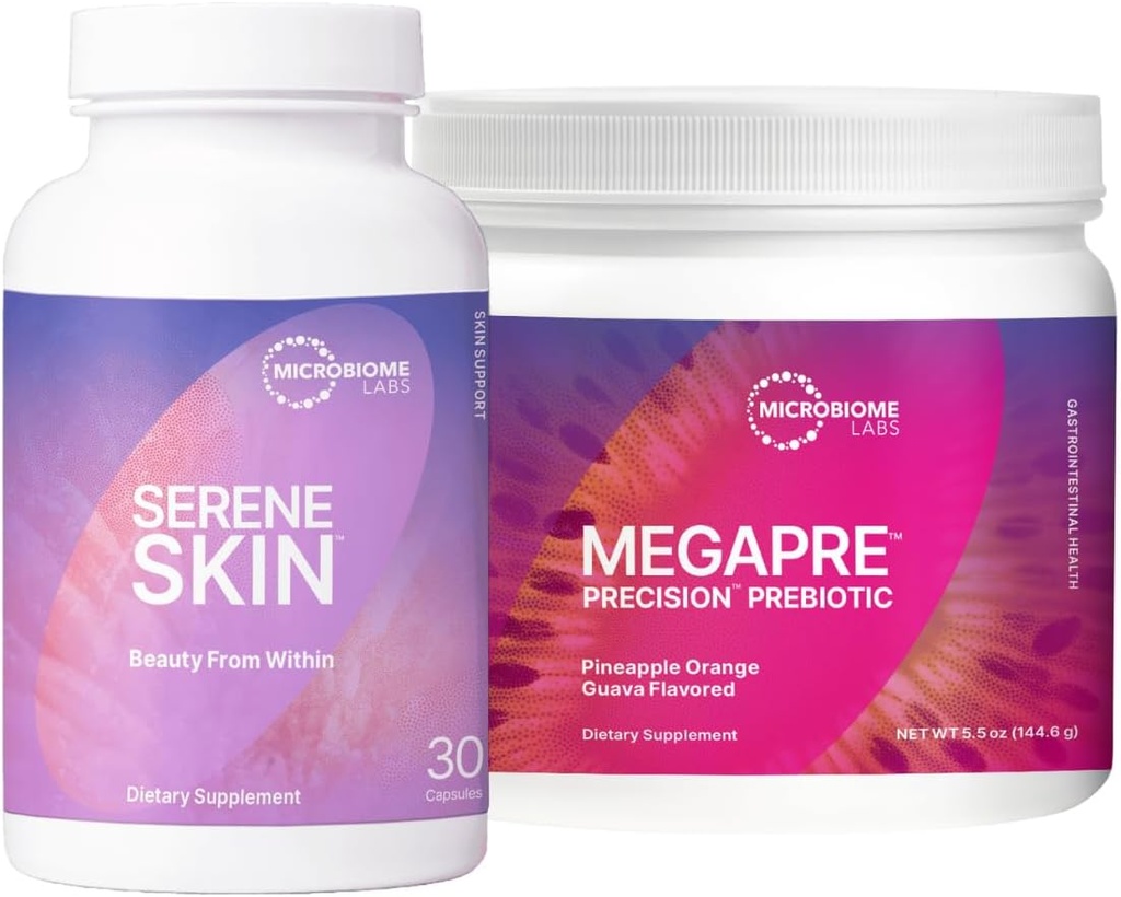 微生素实验室皮肤支持包 - SereneSkin Clear Special Probiotic Supplements Shown 帮助降低精细线(30 Capsules) - Gut Health的巨型预生粉(2.1oz)