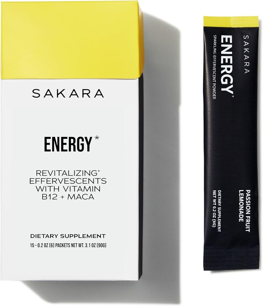 SAKARA Effervescents, 15 Packets - 精炼的无糖电解剂 粉末包,配有维生素B12 & L Theanine,火焰水包,水解粉,能量饮用电解粉