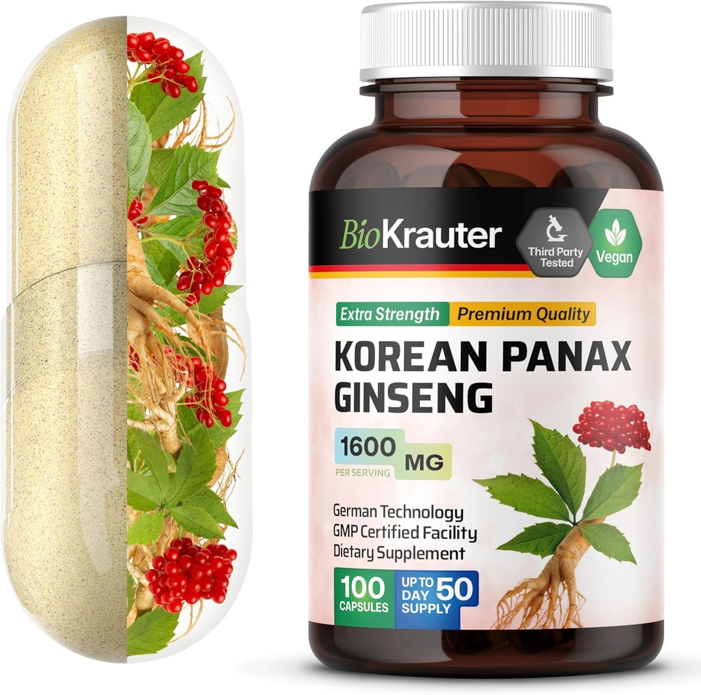 BIO KRAUTER 韩国红金森卡普尔 - 1600 mg 强度 - 100 计数 - 韩国Panax Ginseng 补充 - Vegan Immune 补充