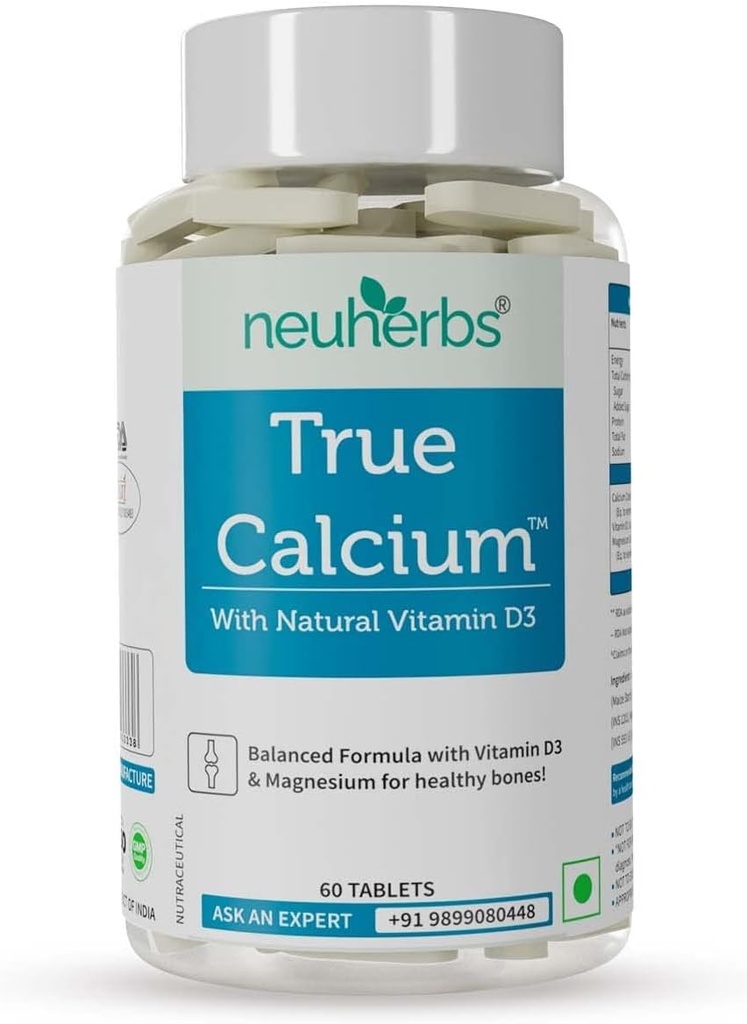 Tru Calcium 1000mg 以植物为基础的维生素D3和天然镁补充健康骨骼-60 Vegan 片