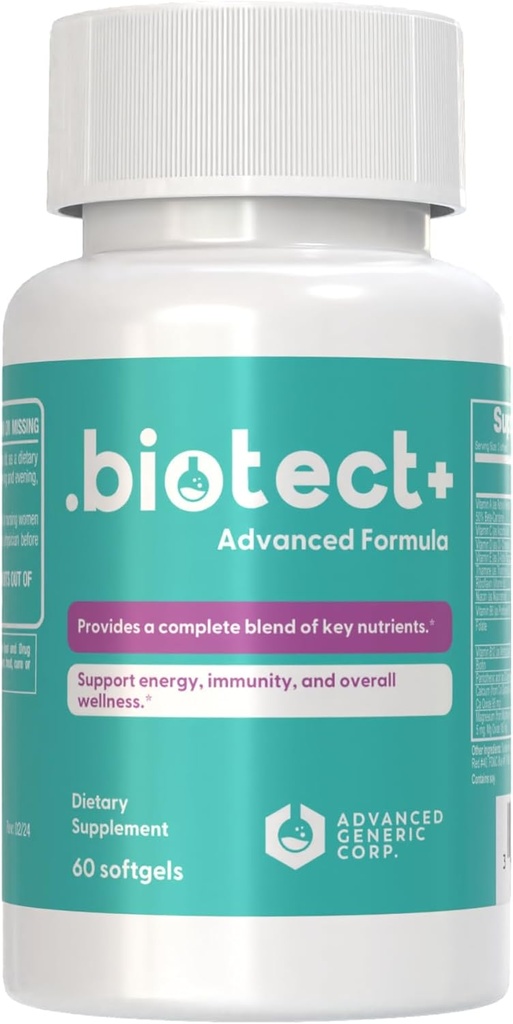 Biotect + 高级免疫支持公式 -- -- 配有能源、豁免和整体健康基本营养物的完整的每日健康补充 -- -- 60个软胶,30天供应