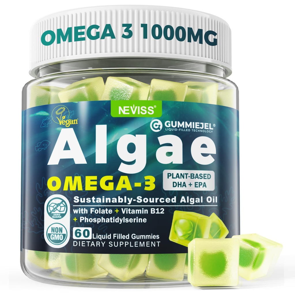 用于成人的Vegan Omega-3 Gummys、藻类油的鱼油替代品、基于植物的DHA 460mg和EPA 230mg Plus MethylFolate、维生素B12、磷酸盐、无鱼味、Vegan、无糖60Cts