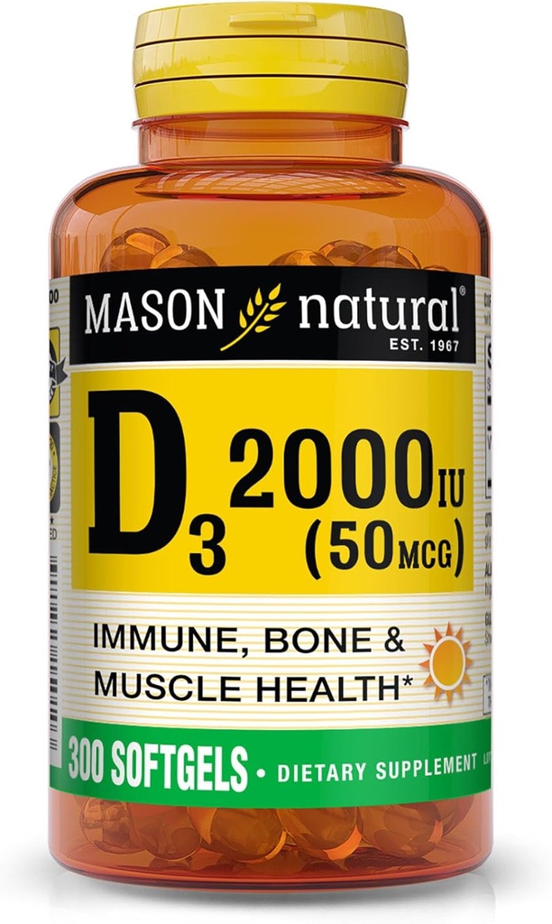 MASON 天然维生素 D3 2 000 IU 超强、支持骨密度、强力和免疫健康、300软胶