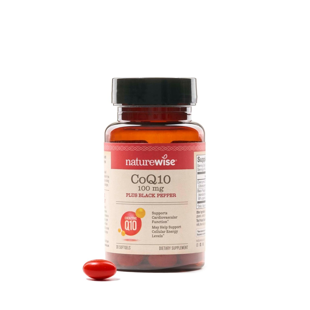 NatureWise CoQ10 100mg + Black Pepper Softgels - 高吸收性Coenzyme Q10 + Black Pepper - 心脏健康抗氧化剂 + 细胞能 - Vegan, Non-GMO, Gluten-Free - 30 Count [30-Day Supply] (英语).