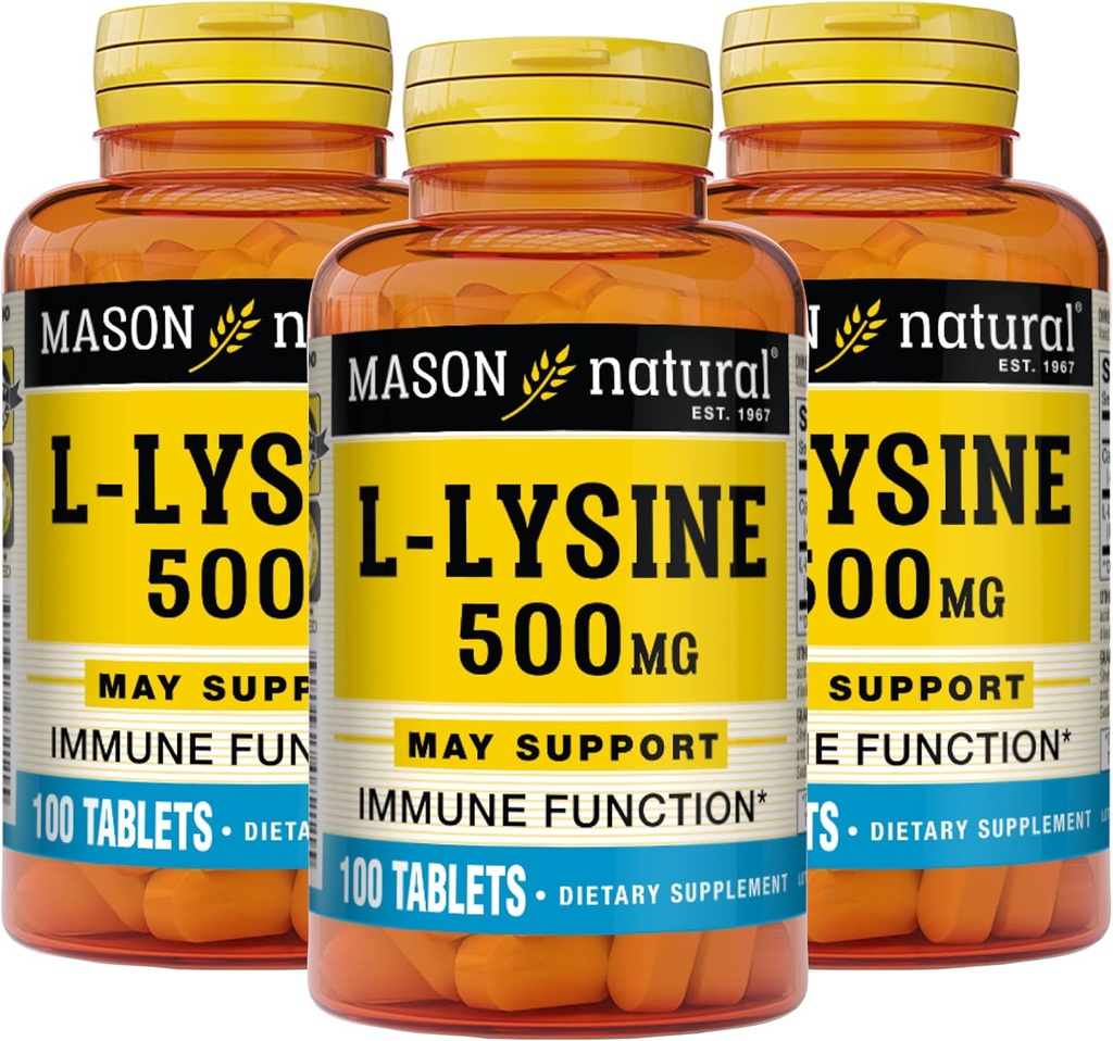 MASON NATURAL L-Lysine 500 mg 配有钙 -- -- 改善免疫功能、增强营养吸收、基本氨基酸、100 片(包3)