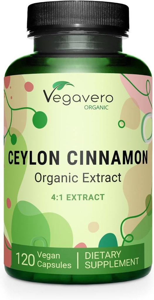 Vegavero 有机锡兰肉桂 → 2000mg → USDA 认证 → 无人工添加剂 → 4个月供应 → 实验室测试,非GMO → 120 Capsules → Vegan
