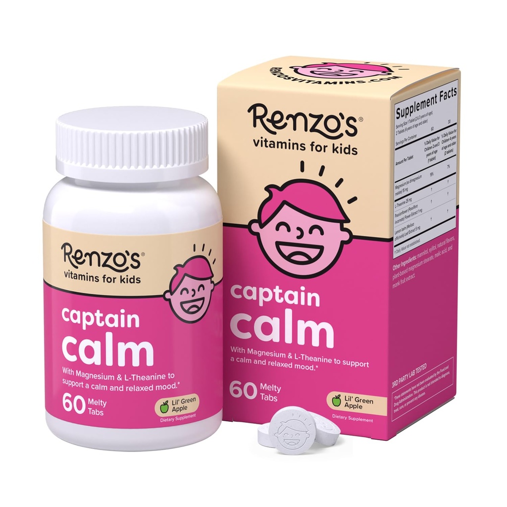 Renzo's Captain Calm Kids Magnesium Supplement with L-Theanine, Dissolvable Kids Vitamins for Relaxation and Mood Support, Sugar-Free Melty Tabs, Green Apple Flavor, 60-Count (1-2 Month Supply)