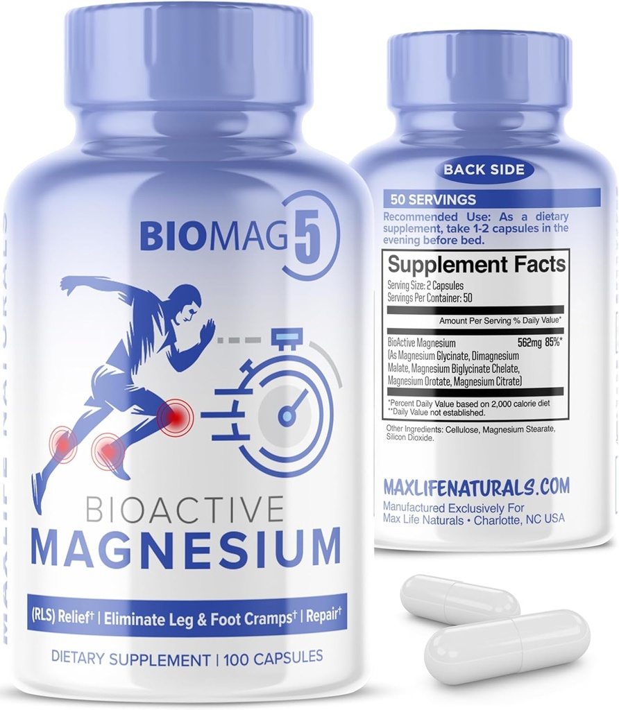 BioMag 5 男女镁复合物补充剂,100 Capsules - 在美国制定 - 生物活性镁和生物活性镁 Glycinate Malate Citrate Orotate和Biglycinate Chelate补充剂