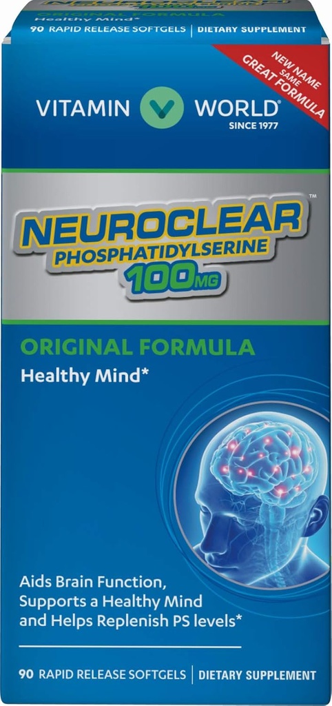 Vitamin World NeuroClear™ Phosphatidylserine 100 mg. 90 Softgels, PS Levels, Brain Support, Mental Focus, Rapid-Release, Gluten Free