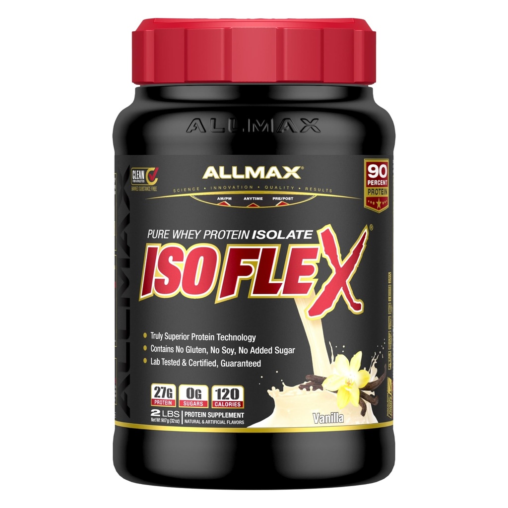 AllMAX ISOFLEX Whey 蛋白质隔离剂 香草 - 2磅 - 27克蛋白质 Per Scoop - 零脂肪和糖 - 99% 乳糖自由 - Gluten Free & Soy Free - 约30种