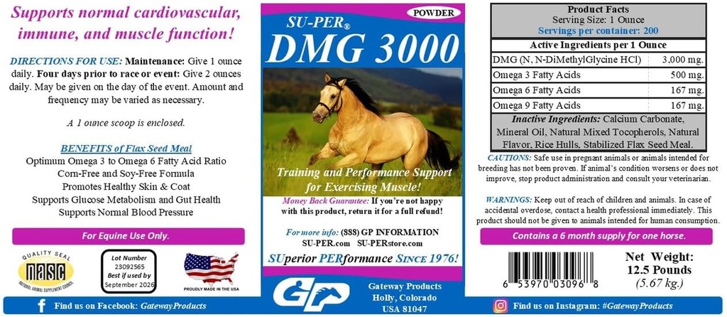 SU-PER DMG 3000 马匹补充剂 - 培训和性能支持粉末 - 支持正常心血管免疫和肌肉功能 - 12.5英镑,6个月供应量