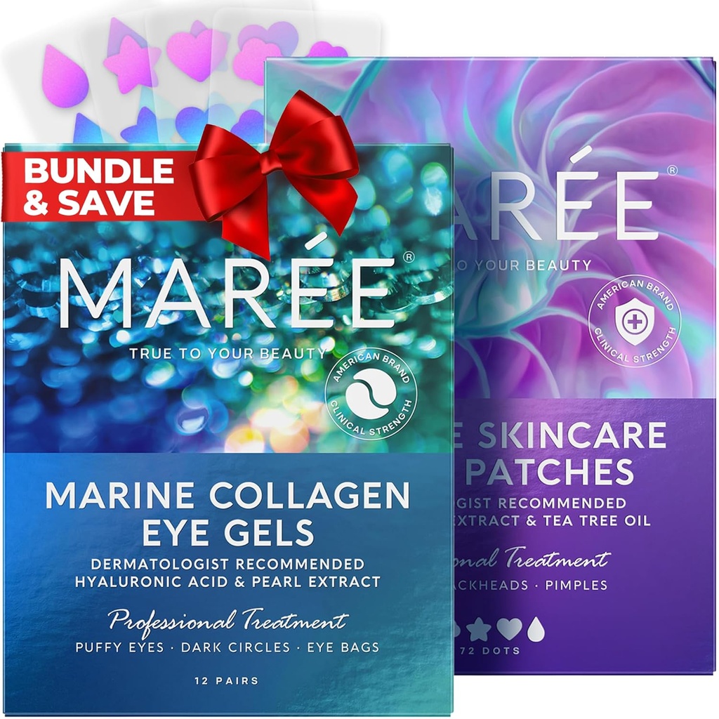 MAREE Eye Gels & Acne 程序包 - 用于Puffy Eyes 和 Dark Circle 的 Eye Gels & Acne 设备包 - 用于Puffy Eyes 和 Dark Circle 、 Hydrocolloid Acne 治疗设备 - Marine Collagen & Hyaluronic Acid, Green Algae 提取和茶树油