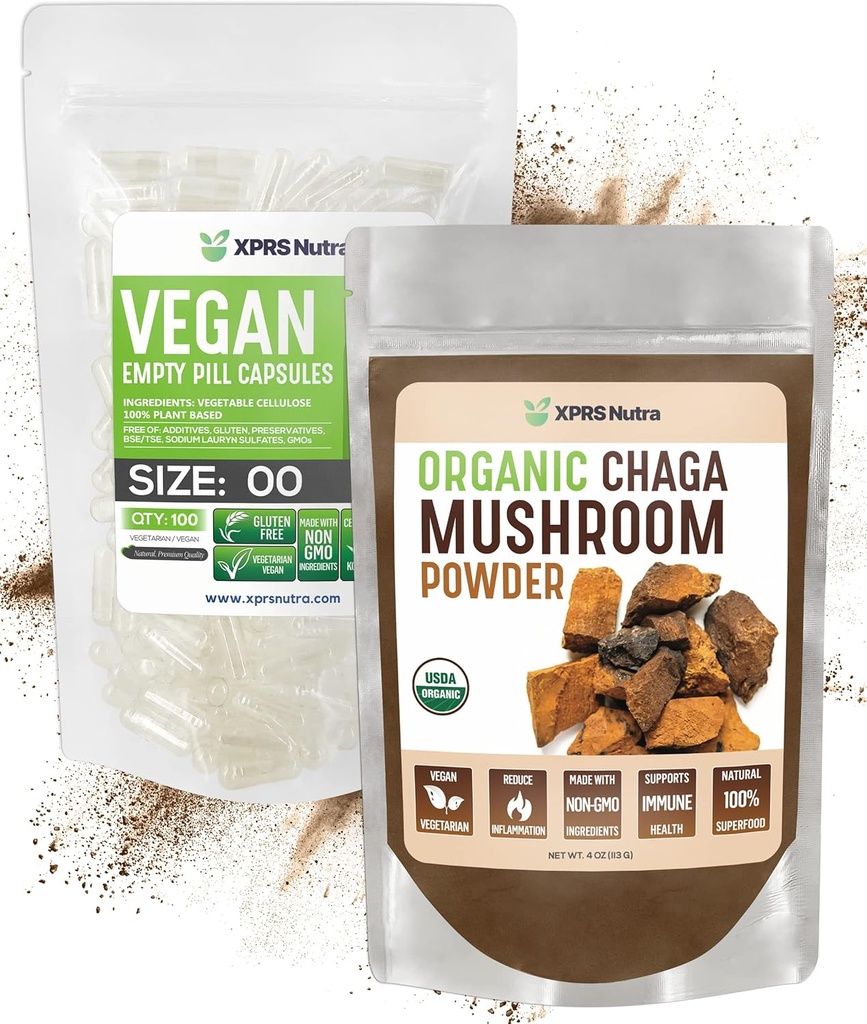XPRS Nutra Organical Chaga Powder 4 Ounce 与大小 00 预分离空盖( 100 计数) 套装