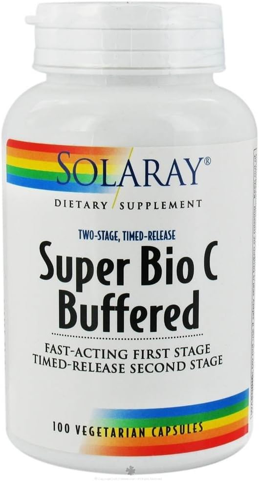 SOLARAY 超级生物维生素C 1000mg,缓冲,时间释放带生物氟化物的卡普尔,高吸附和全天免疫支持双阶,Vegan,60天保障,50服务,100VegCaps