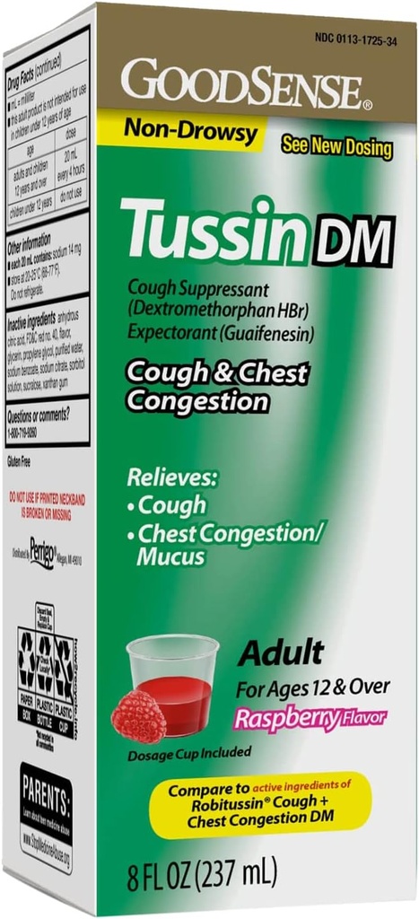 GoodSense Tussin Cough Syrup DM, Raspberry Flavor, 有效缓解咳嗽和胸塞, Tins Mucus, 8 Fl Oz