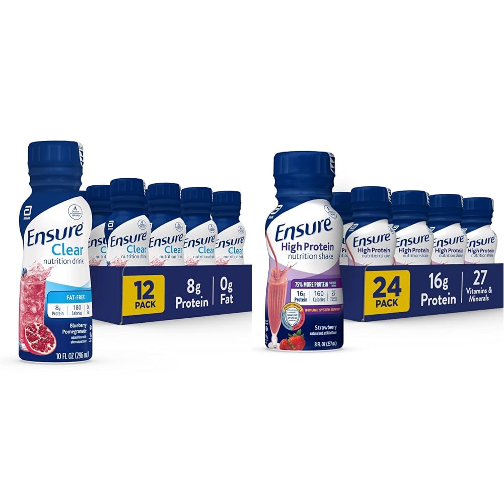 确保液体清营养饮料、0g脂肪、8g蛋白质、蓝莓石榴酸盐、10 Fl Oz(12个包)、瓶子、布卢芬免费和确保高蛋白草莓营养摇摆,24个包