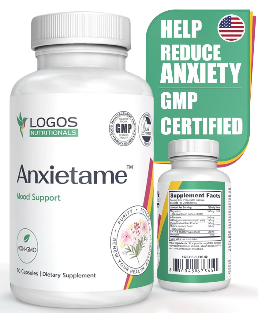 Anxietame - 60 Counter, L-Thenine 支持抑郁症和压力的补编,自然黏液支持和睡眠援助补编