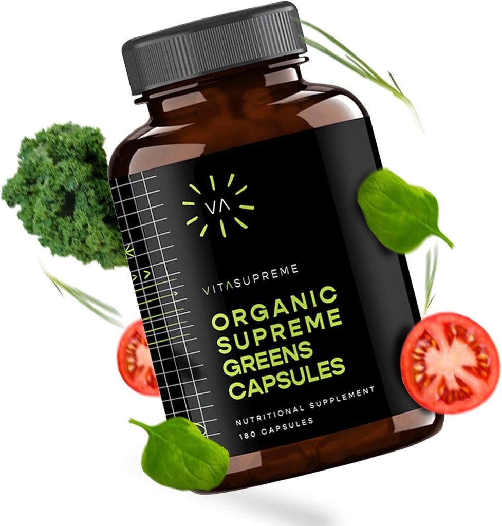 Organic Super Greens Superfood Capsule, Nutritional Supplement for Gut Health, Immune Support, Digestion, Energy, and More (Non-GMO, Keto, Vegan) 180 Capsules, 1 Pack