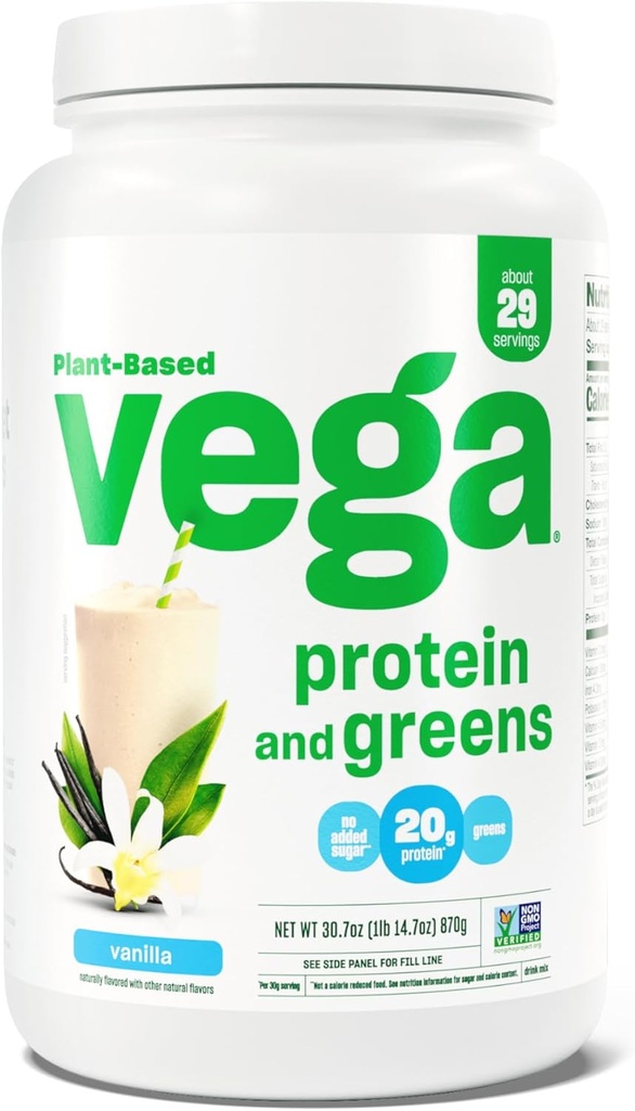 Vega蛋白质和绿素蛋白粉,香草 - 20g 植物蛋白质加蔬菜,Vegan,非转基因生物,Pea 蛋白质,男女,1.9磅