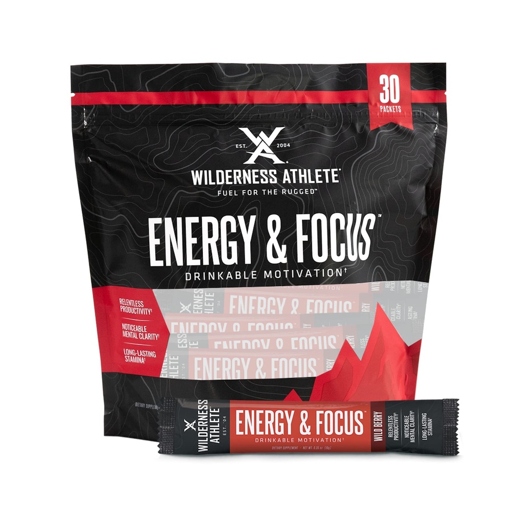 Wilderness Athlete - Energy & Focus 女性和男性能源助推器 - Energy Drink Mix with Natural Cafeine - 低卡,零糖能饮粉 - 30 service Energy Drink Packets (Wild Berry) (英语).