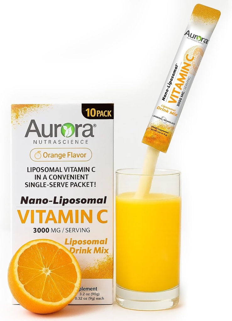Aurora Nutrascience Nano-Pack Liposomal 维生素C 粉末饮料混合剂 免疫支持 高强度 3,000 mg 每服10个单服包,橙色