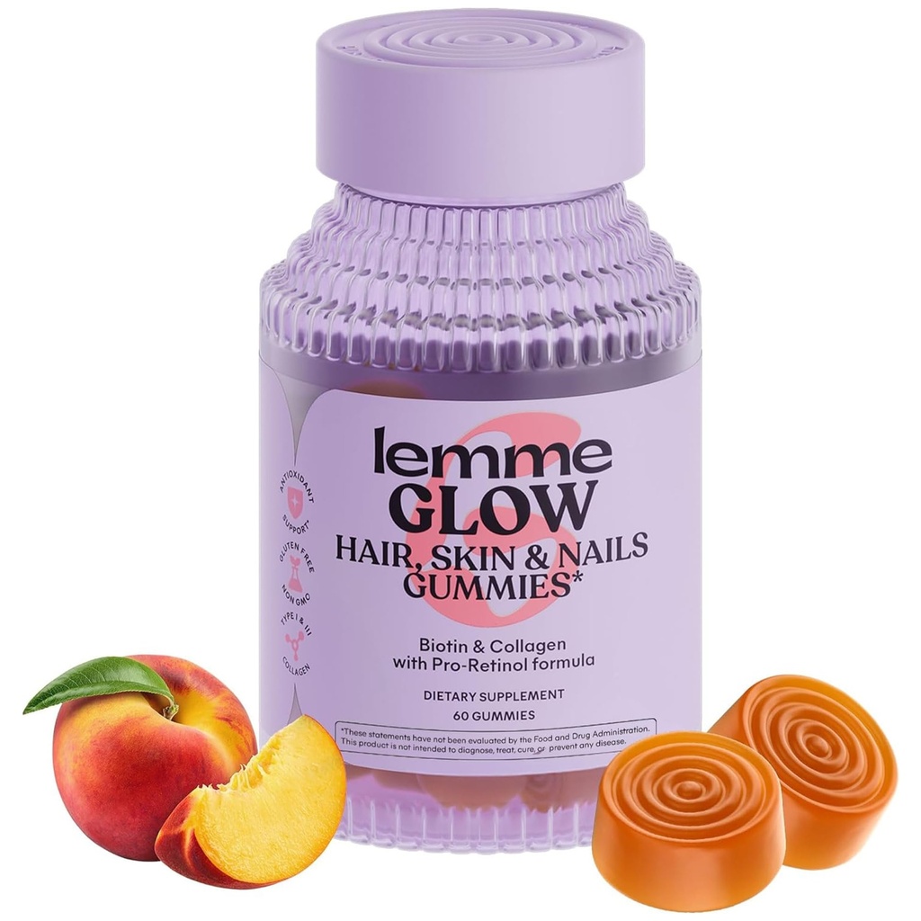 Lemme Glow Collagen Gummys for Thick Hair, 坚固的钉子与健康皮肤与多科拉根佩普提德斯, Biotin, Trace Minerals, Zinc, 维生素A, C & E, 奶油 & Gluten Free, Peach Flavor, 60 cm.