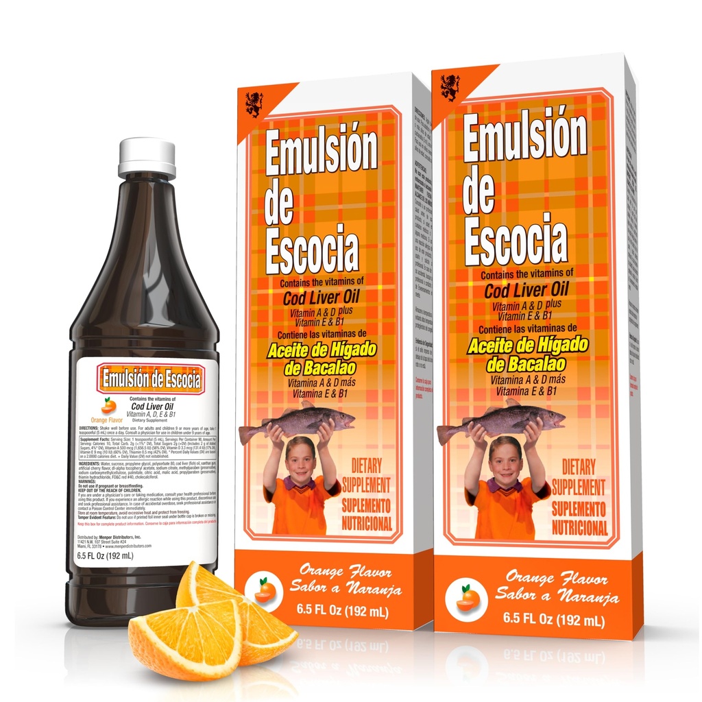 Emulsión de Escocia Cod Liver Oil Complex with Vitamins A, D, E, B1 - 天然橙色Flavor 饮食补充 免疫支持和骨质健康 - 基本Omega 3 鱼油 - 6.5 oz (2-Pack)