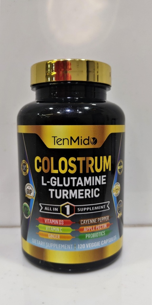 Colostrum 补编 - 10in1 公式 - 与L- Glutamine, Turmeric, Cayenne Pepper, Apple Pectin, Probiotics, Ginger, 和更多 - 消化性健康,免疫支持 - 120 Capsules