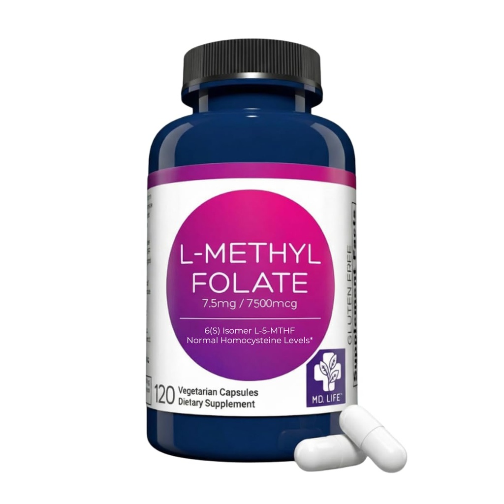 MD 寿命 L-甲基乙二醇 7.5 mg 补充 - 专业-格氏活性 L Methylfolate 补充 - 120 Capsules - L-Methylfolate 7.5mg - 最大概率 MTHFR W/Essic 氨基酸